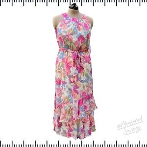 Calvin Klein [NWT-10] Floral Chiffon Ruffled Maxi Dress with Tie Belt -  Sz 10